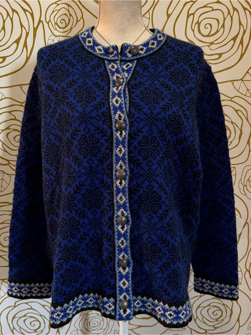 Vintage L.L. Bean blue and black Nordic Fair Isle wool cardigan